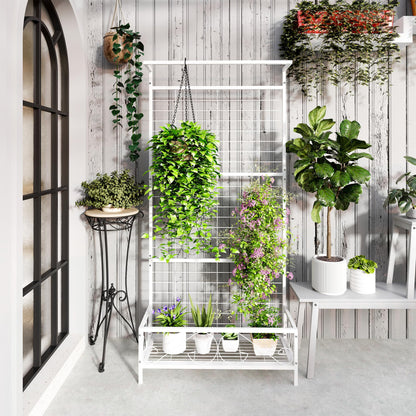 Outsunny Tall Plant Stand with Trellis and Hanging Bar, Metal Plant Holder Flower Stand for Vine Climbing Plants Flowers Indoor Outdoor Use, 36" x 12.8" x 74", White
