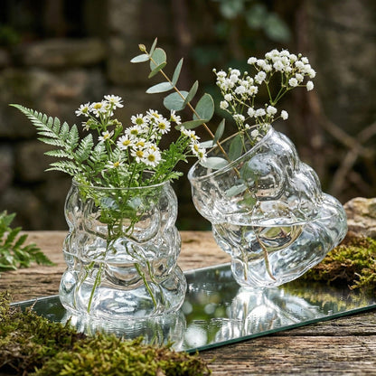 2PCS Small Bubble Glass Bud Vase: Light Weight Short Wide Mouth Crystal Clear Vase - Mini Aesthetic Funky Vase for Hydroponic Plants, Dried Flowers, Table Centerpiece, Coffee Side & Desk Modern Decor