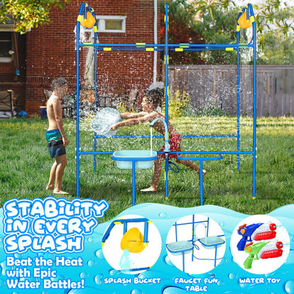 THISWUW Water Park Sprinkler Toy for Kids, Heavy-Duty Steel Backyard Waterpark Splash Game with Shooting Toys, Splash Buckets, Water Table & Faucets, Water Play Activities Outdoor Summer Fun