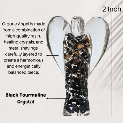 Amazing Gemstone Black Tourmaline Guardian Angel Figurine Pocket Crystal Angel for Protection - Orgone Guardian Angel with Orgonite Layer and Natural Crystal for Healing Gift (2 Inch, Organite)