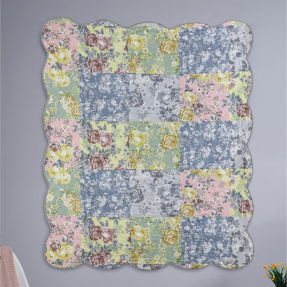 Greenland Home Emma Patchwork Floral Print Quilted Throw Blanket, 60x50-inch, Gray