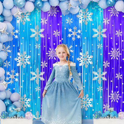 3 Pack Birthday Party Decorations Snowflake Tinsel Foil Fringe Curtains for Kids Frozen Birthday Backdrop Winter Christmas Holidays Photo Booth Prop Backdrop Streamer 3.3x6.6ft