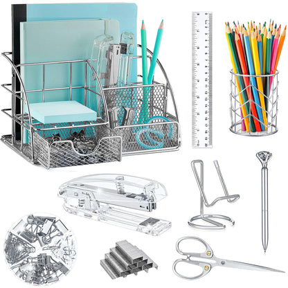KAAKOW Silver Desk Organizers and Accessories Office Supplies Set Stapler, Pen Holder, Phone Holder, Scissors, Pen, Ruler, 30 Paper Clips, 22 Binder Clip, 20 Tacks and 1000pcs Staples