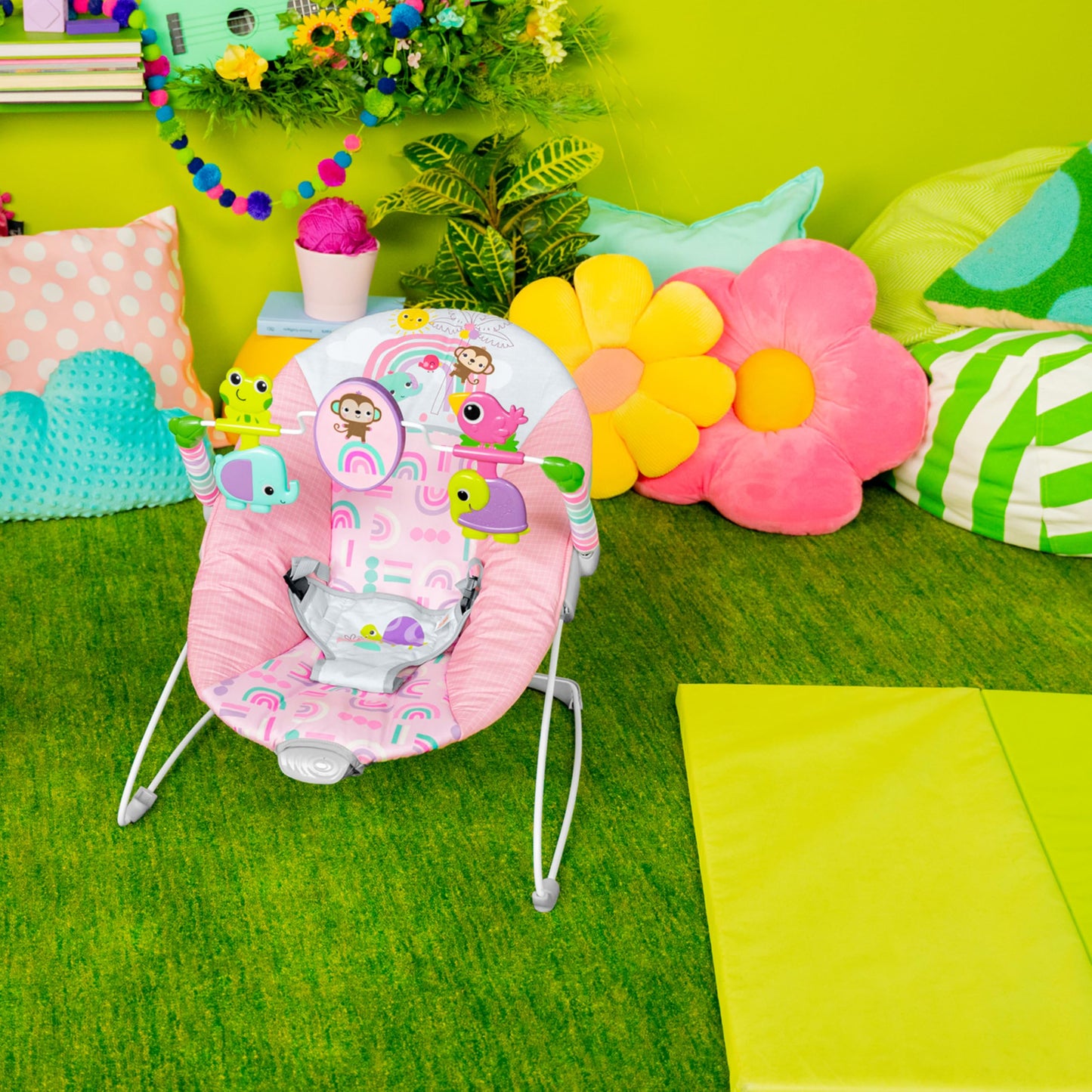 Bright Starts Pink Paradise Portable Baby Bouncer with Vibrating Infant Seat and -Toy Bar, Max Weight 20 lbs., Age 0-6 Months