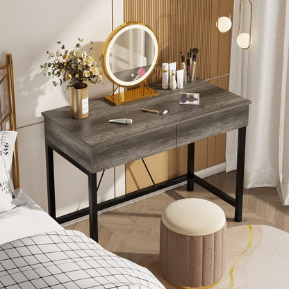 Mexin Small Desk with 2 Wooden Drawers, 40 Inch Home Office Writing Desk, Vanity Desk with Storage, Computer Desk for Bedroom Small Spaces, Table for Office, Work, Kids Study, Makeup, Gray Oak