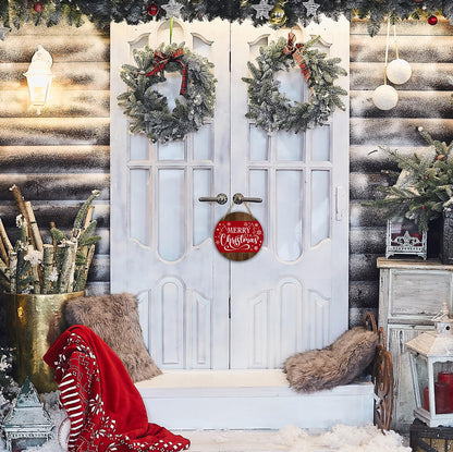 Merry Christmas Round Red Wooden Hanging Door Decor Sign - 8 Inch Christmas Door Hanger with Rope, Indoor/Outdoor Farmhouse Decor Supplies