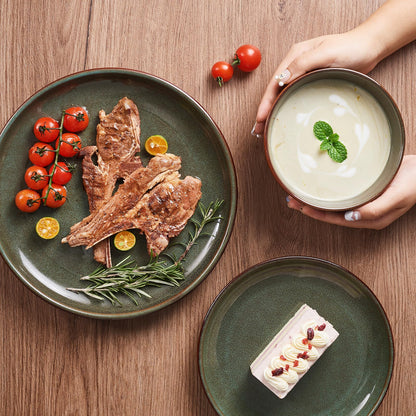 Pokini Stoneware Dinnerware Sets Service for 4, 12 pcs Reactive Glaze Plates and Bowls Sets, Handmade Ceramic Dish Set, Highly Chip and Crack Resistant Modern Plate Set, Brown Green