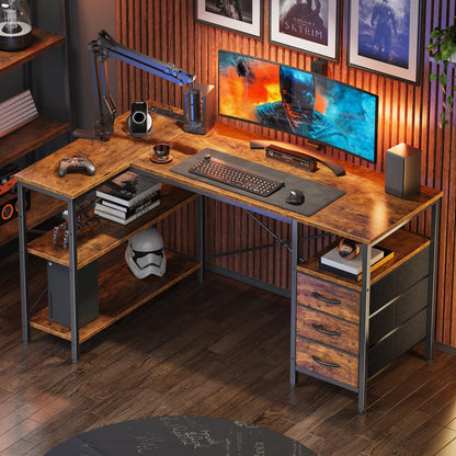 Huuger L Shaped Office Desk with Power Outlets, 47 Inch Computer Desk with 3 Drawers, Shelves, for Gaming, Corner Work, Home Office, Study, Rustic Brown