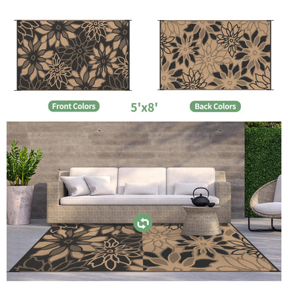 GENIMO Outdoor Rug Waterproof for Patio Decor, 5' x 8' Reversible Plastic Straw Floral Camping Carpet, Large Area Rugs Mats for RV, Camper, Deck, Balcony, Porch, Beach, Picnic, Black & Brown