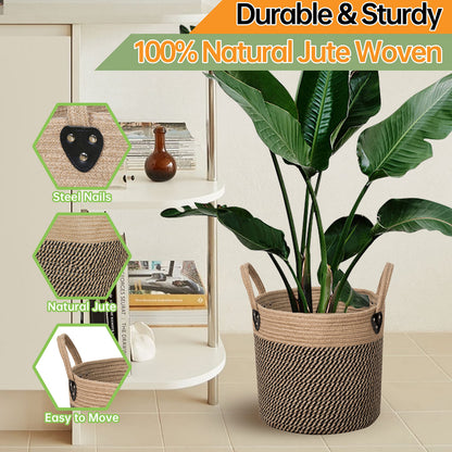 ZOES HOMEWARE 14"x12" Natural Jute Rope Woven Storage Basket with Handles for Plant, Blankets,Toys,Clothes,Shoes - Living Room Home Decor,Multifunctional Basket for Organizer,Picnic,Artificial Tree