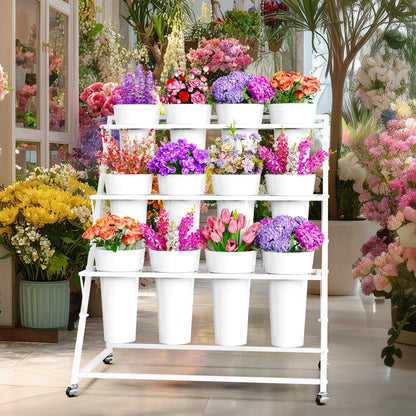 VGMiu Flower Display Stand with 12 Buckets, White Flower Cart with Wheels 3 Layers Metal Flower Bar Stand Moving Flower Stand Florist Bouquet Shelf for Weddings Party Ceremony Indoor Outdoor Garden