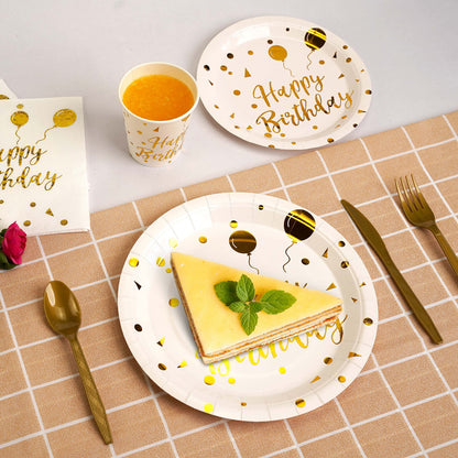 200 pieces of white and gold birthday party supplies, disposable happy birthday tableware set, gold plastic knives, forks, spoons, straws. Birthday themed tray, cup,25Guests（white）