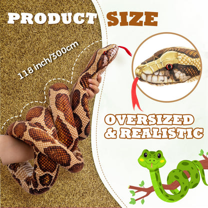 YOHAKI Giant Stuffed Snake Plush – 118 Inch Realistic Snake Toy for Kids & Adults, Machine Washable, Soft Animal Plush for Jungle Theme Decor, Birthday for Boys & Girls,Brown