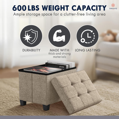 Ornavo Home Storage Ottoman Small Rectangle Ottoman with Legs, Foot Rest Stool Seat, Load up to 600 LB, for Living Room, Bedroom, Home Office, Dorm - 12 x 16 x 12, Tan