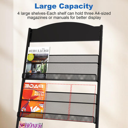 Qriocioa Brochure Display Stand 4 Layer Floor-Standing Magazine Rack Literature Newspaper Catalog Display Holder with Wheels and Top Billboard for Exhibitions,School, Hotel, Hospitals, Offices (Black)