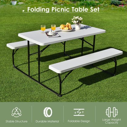 renatone Folding Picnic Table and Bench Set w/Wood Grain for Adults, Indoor & Outdoor Steel Frame Collapsible Camping Table for BBQ, Parties, Camping and Picnic (White)