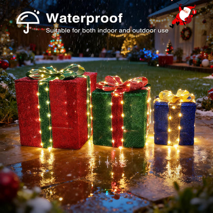 Lomotech Set of 3 Christmas Lighted Gift Boxes - Prel-Lit Gift Boxes with Timer, Lighted Christmas Presents for Xmas Tree, Yard, Holiday, Indoor Christmas Decorations（Small)