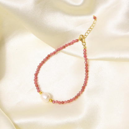 A&M Gems 2.5-3 mm Natural Rhodochrosite Round Faceted Beaded Bracelet with Pearl Crystal Jewelry, Brass Gold Plated Bracelet, 1-Inch Adjustable Chain, Handmade Bracelet, 7-Inch, Gifts for Women