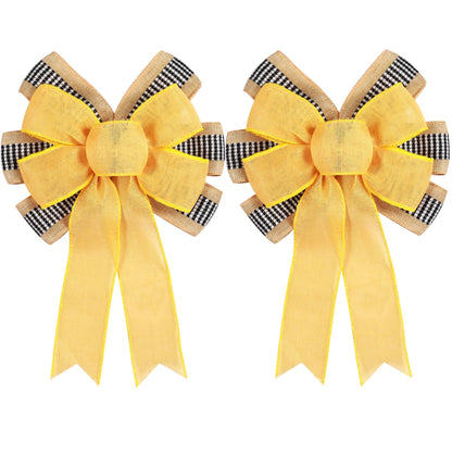 2 PCS Spring Summer Wreath Bow Decor,Decorative Bow with Yellow Burlap and Black White Stripe Ribbon for Holiday Tree Topper Home Front Door Outdoor