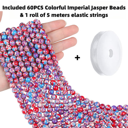 QINJIEJIE 60PCS Colorful Imperial Jasper Beads 8mm Stone Beads Round Loose Blue Violet Red Gemstone Bead for Bracelet Beading Crystal Jewelry Making DIY Necklace Earrings 0.32"