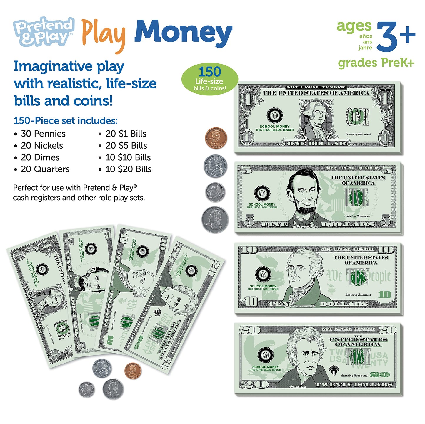 Learning Resources Pretend Play Money - Math Manipulatives For Kids, Kids Bank, Plastic Coins, Cash Register, Toddler , Homeschool Supplies, Fine Motor Skills, Teaching Set Manipulatives