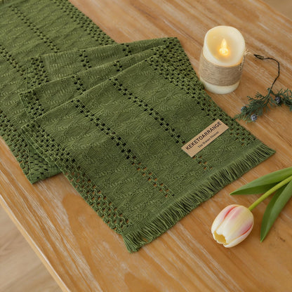 Keketoarrange Boho Sage Green Table Runner for Spring Home Decorations 12x72 Inches Farmhouse Small Macrame Woven Burlap Rustic Coffee Dresser Table Runner Dining Kitchen Centerpiece Bohemian Decor