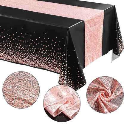 Irenare Tablecloth and Sequin Table Runner Set Polka Dots Confetti Table Cover Dining Plastic Tablecloths Glitter Decorations for Birthday Wedding Anniversary Party Supplies(Black, Rose Gold,2 Pcs)