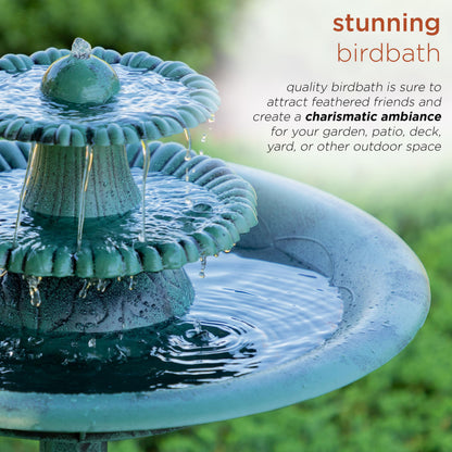 Alpine Corporation 35" Tall 3-Tier Outdoor Pedestal Water Fountain – Durable Resin Cascading Water Feature and Birdbath for Garden, Patio, Deck, and Backyard, Green
