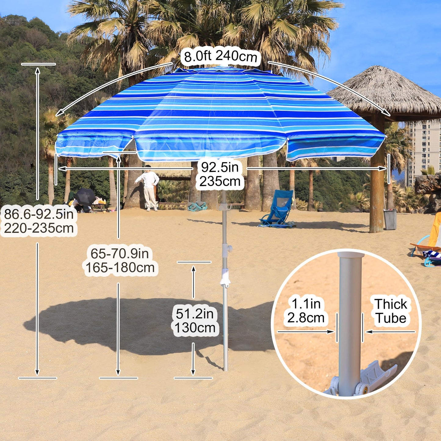 LANMOUNTAIN 8ft Large Beach Umbrella,Heavy Duty Wind Resistant Portable Sun Shade w/Tilt Pole&Sand Anchor,Shoulder Carry Bag,UV 50+ Protection,Air Vents Design for Patio Garden Pool(Blue Stripe)