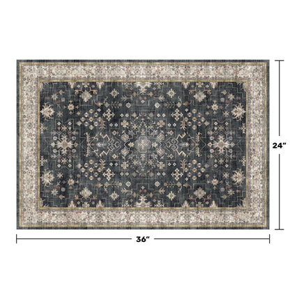 Black Washable 2x3 Entry Rug, Small Rugs for Entryway Kitchen Bathroom Door Mat Indoor Entrance, Non Slip Rubber Backing, Stain & Fade Resistant, Ashen Charcoal Floral Farmhouse Decor