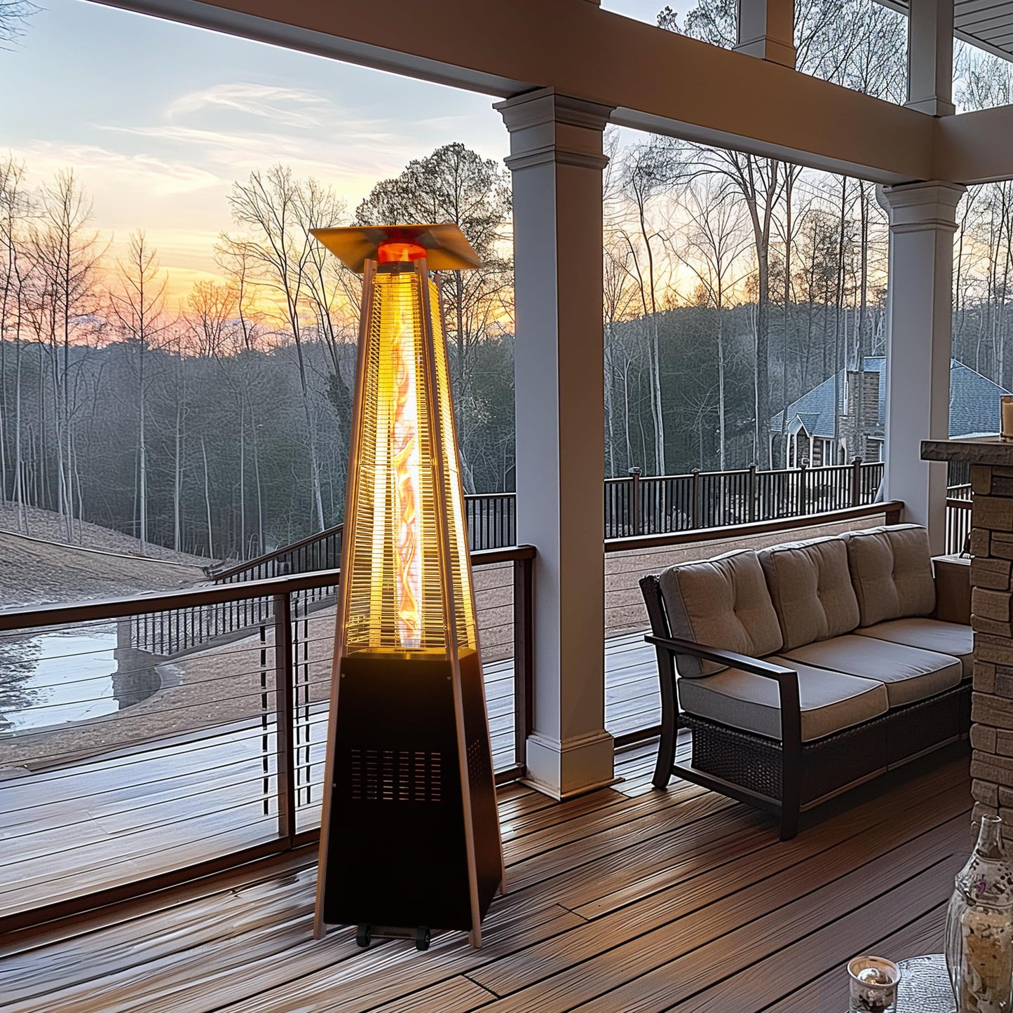 PATIOPIA 48,000 BTU Flame Pyramid Pool Heater With Cover, Triple Safety Protection Portable Patio Heater with Patio Cover, Warm Glass Tube with Durable Wheels-Black