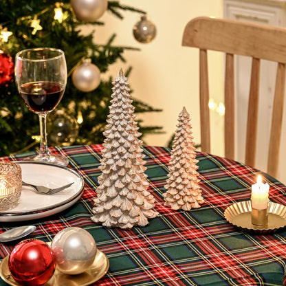 AOMOONOA Resin Christmas Tree Figurines, 2Pcs Distressed White with Gold Table top Christmas Trees, Small Christmas Tree Figurine Set, Decorative Xmas Trees for Rustic Christmas Decor