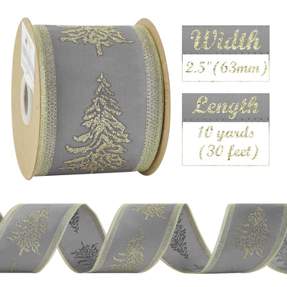 HUIHUANG Gray Satin Wired Christmas Ribbon with Champagne Glitter Trees, 2.5 Inch Wide x 10 Yards (30 Feet) for Christmas Decorations, Garlands, Wreaths, Bows Making, Crafts, Home Decor