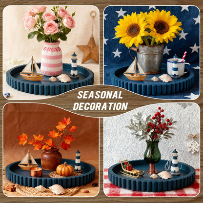 Handmade 12in Decorative Tray for Coffee Table Tray Decor, Blue Wooden Decorative Round Tray for Kitchen, Living Room, Home Decor
