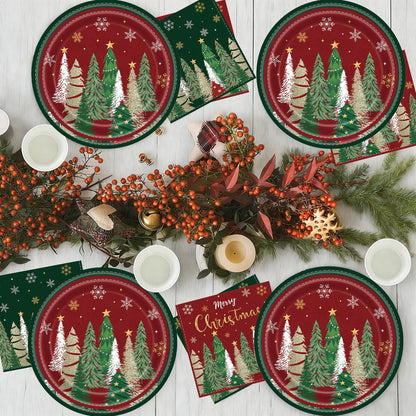 102 Pcs Christmas Tree Paper Plates and Napkins Party Decorations Merry Christmas Banner Disposable Tablecloth Dinnerware Set Red and Green Xmas Tree Party Supplies Winter Snowflake Holiday Ornament