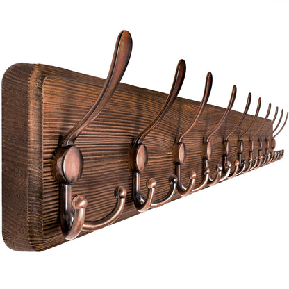 SKOLOO Coat Rack Wall Mounted - 38.6" Long, Wooden, Heavy Duty, Rustic Coat Hooks for Wall, Coat Rack with 10 Triple Hooks for Hanging Clothes, Jacket, Hat(Brown & Retro Red)