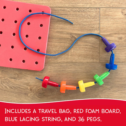 LMC Products Foam Peg Board Toy - 36 Pegs, Foam Board, Lacing String, Storage Bag - Occupational Therapy Toys - Fine Motor Skills Toys for Toddlers and Kids (Red)