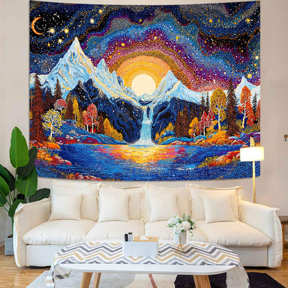 Lunerfex Starry Mountain Waterfall Sunrise Wall Tapestry, Trippy Cosmic Landscape Tapestries for Room Decor, Vibrant Tapestry 60x44 Inch