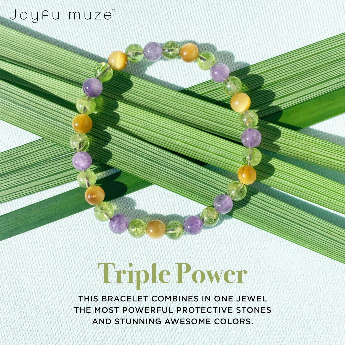 Joyfulmuze Green Peridot Yellow Tiger’s Eye Purple Amethyst, Gemstones Stretch Bracelet, Handmade Spiritual Jewelry, Healing Chakra Bracelet, Gifts for Women, 6mm, 7”(Peridot - Tiger’s Eye - Amethyst)