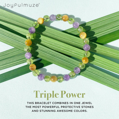 Joyfulmuze Green Peridot Yellow Tiger’s Eye Purple Amethyst, Gemstones Stretch Bracelet, Handmade Spiritual Jewelry, Healing Chakra Bracelet, Gifts for Women, 6mm, 7”(Peridot - Tiger’s Eye - Amethyst)