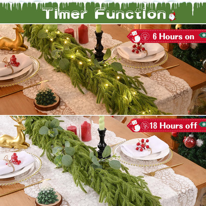 Waipfaru Christmas Norfolk Pine Garland with Lights, 6FT Real Touch Pine Christmas Decoration, Artificial Faux Cedar for Home Decoration