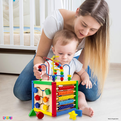 Play22 Wooden Activity Cube for Baby - 6 in-1 Baby Activity Play Cube with Bead Maze, Shape Sorter, Abacus Counting Beads, Counting Numbers, Sliding Shapes, Removable Bead Maze, 8Pcs Stacking Cups