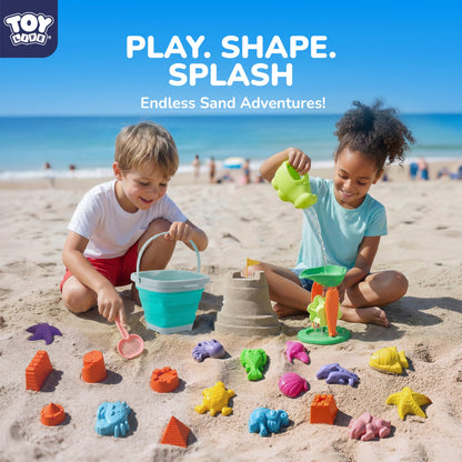 TOY Life 32 Pcs Ocean Beach Toys for Kids Ages 4-8 Collapsible Sand Toys with Water Wheel Watering Can Silicone Bucket Sand Castle Building Kit Travel Sandbox Toy for Party Fishing Summer Toys