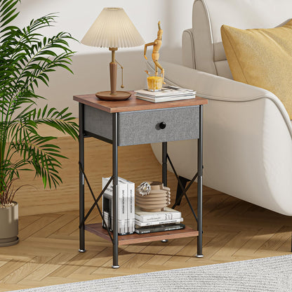 VECELO End Tables, Modern Nightstand with Fabric Drawer & Open Shelf, Night Stand for Bedroom Living Room, Industrial Metal Frame, Easy Assembly, Rustic Brown,1 Pack