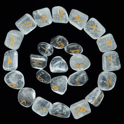 Rune Stones Sets 25 pcs Clear Quartz for Beginners with Elder Futhark Alphabets for Healing Chakra Crystals Reiki feng Shui Gemstone Runes Set Size: 15-20 mm with a Pouch & Rune brochure