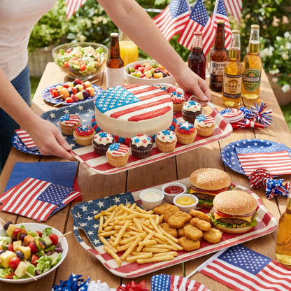 KINGEN 2-Pack Patriotic Bamboo Fiber Serving Trays - 18×13-inch Extra Large w/Handles Tray, Stars & Stripes Platters for 4th of July, Christmas, Birthday, BBQ, Party - Red, White & Blue Decor