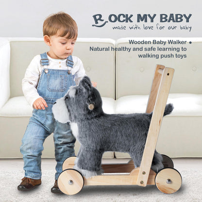 Rock My Baby Wooden Baby Walker, 2-in-1 Baby Push Walker & Ride On Toy for Toddlers 12M+, Learning to Walk Toy with Sweet Music, Soft Cuddly Dog Toy for Boys Girls (Schnauzer Dog) CPC Certified