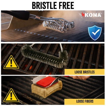 Kona Safe/Clean Grill Brush - Bristle Free BBQ Grill Brush for Outdoor Grill- 100% Rust Resistant Stainless Steel Barbecue Grill Cleaner - Safe for Porcelain, Ceramic, Steel, Cast Iron, Grilling Gift