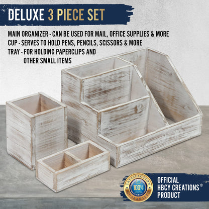 HBCY Creations Rustic Wooden Desk Organizer Set, 3-Piece Whitewashed Mail Organizer for Desktop - Great for Rustic or Industrial Home Decor