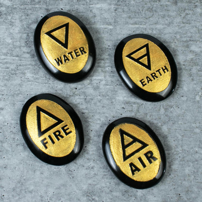 Crocon 4 Elements Black Tourmaline Stones Engraved Triangle Symbols (Earth Air Fire Water) Polished Palm Stones for Gemstone Reiki Crystals and Healing Stones Meditation Divination Tools Gifts